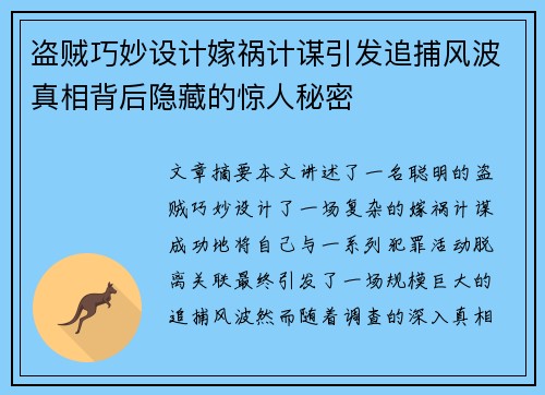 盗贼巧妙设计嫁祸计谋引发追捕风波真相背后隐藏的惊人秘密